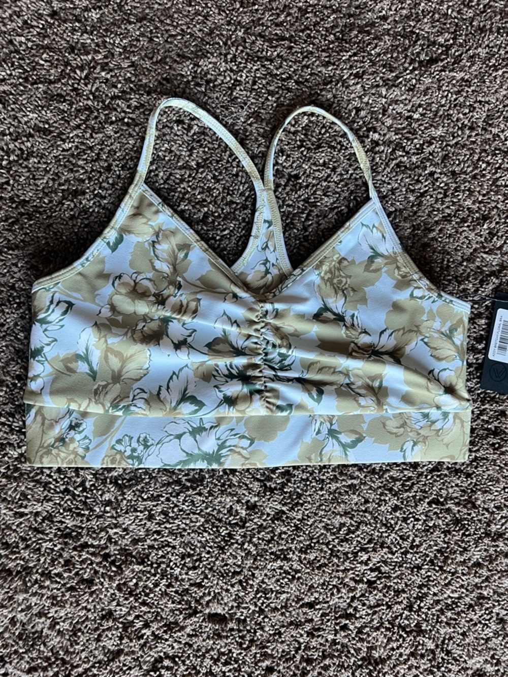 Savvi Floral V-Neck Sports Bra in Sage and Ivory